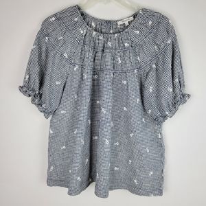 Madewell Gingham Shirred Embroidered Blouse SZ M